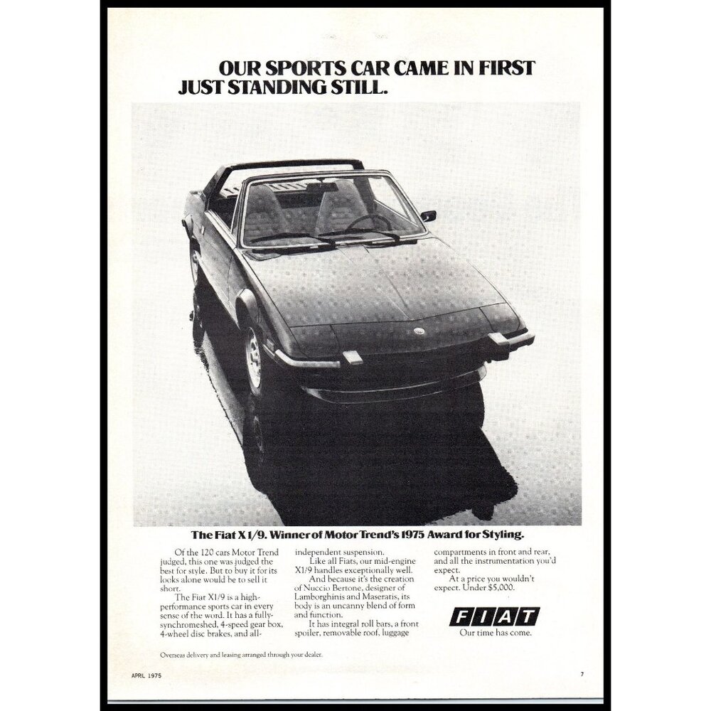 1975 Fiat X1/9 Sports Car Coupe Vintage Print Ad Italian Styling Wall Art